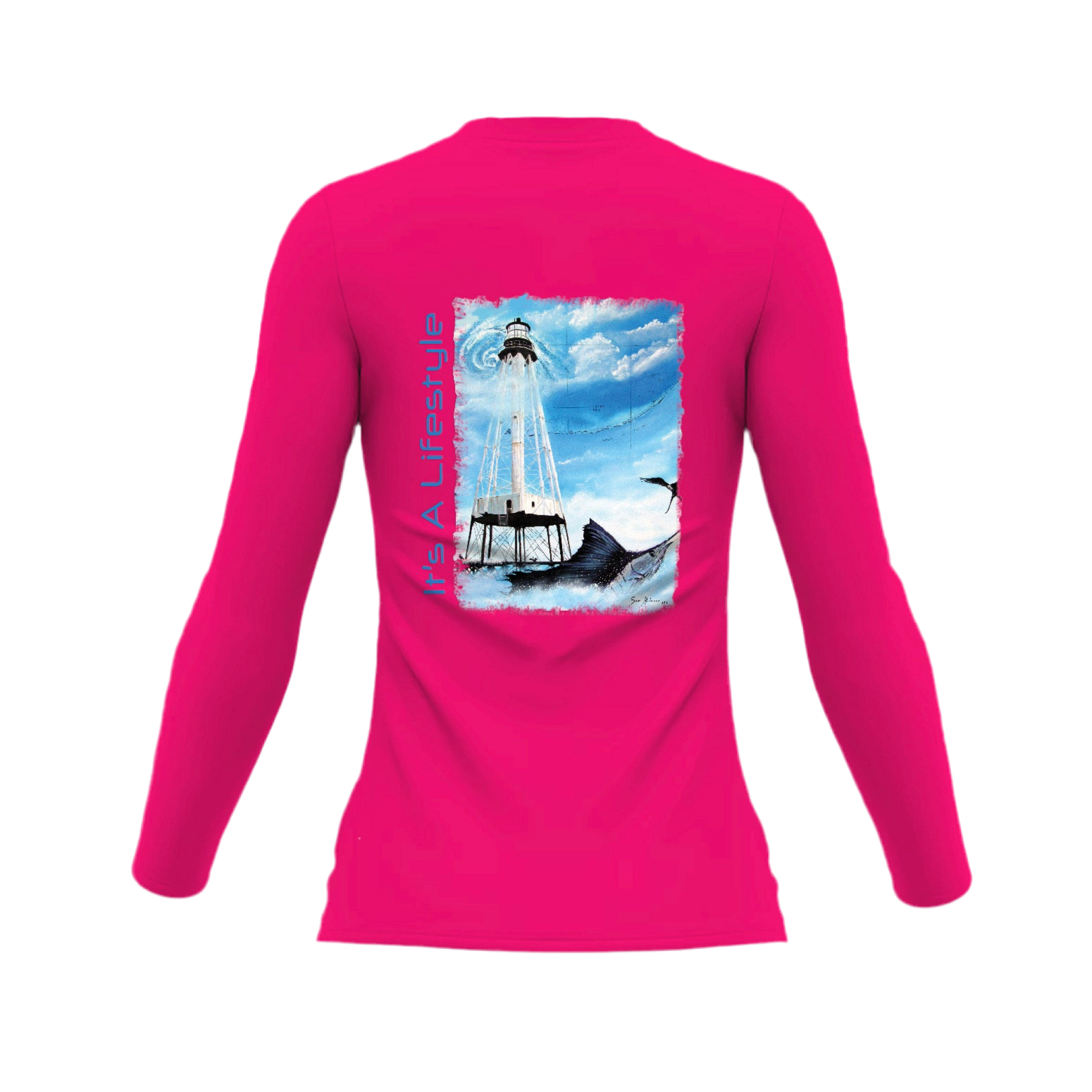 Ladies Round Neck | Sam Milazzo Alligator Lighthouse | Hot Pink | Long Sleeve