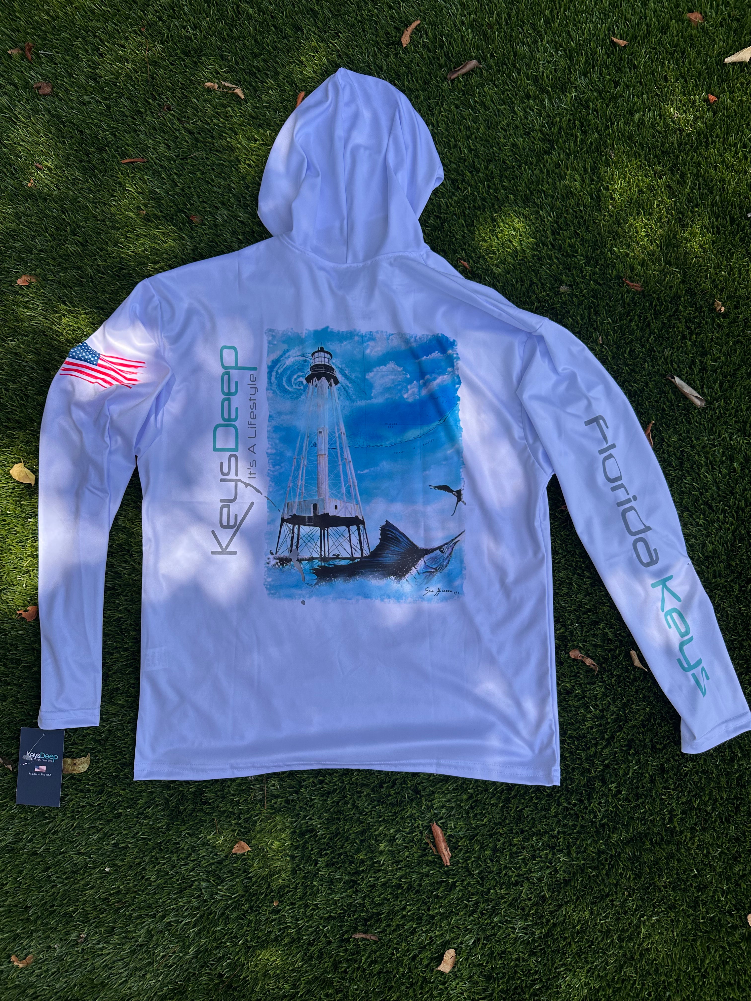 Alligator Lighthouse | White Long Sleeve Hoodie | Sam Milazzo Art Collection | KeysDeeep
