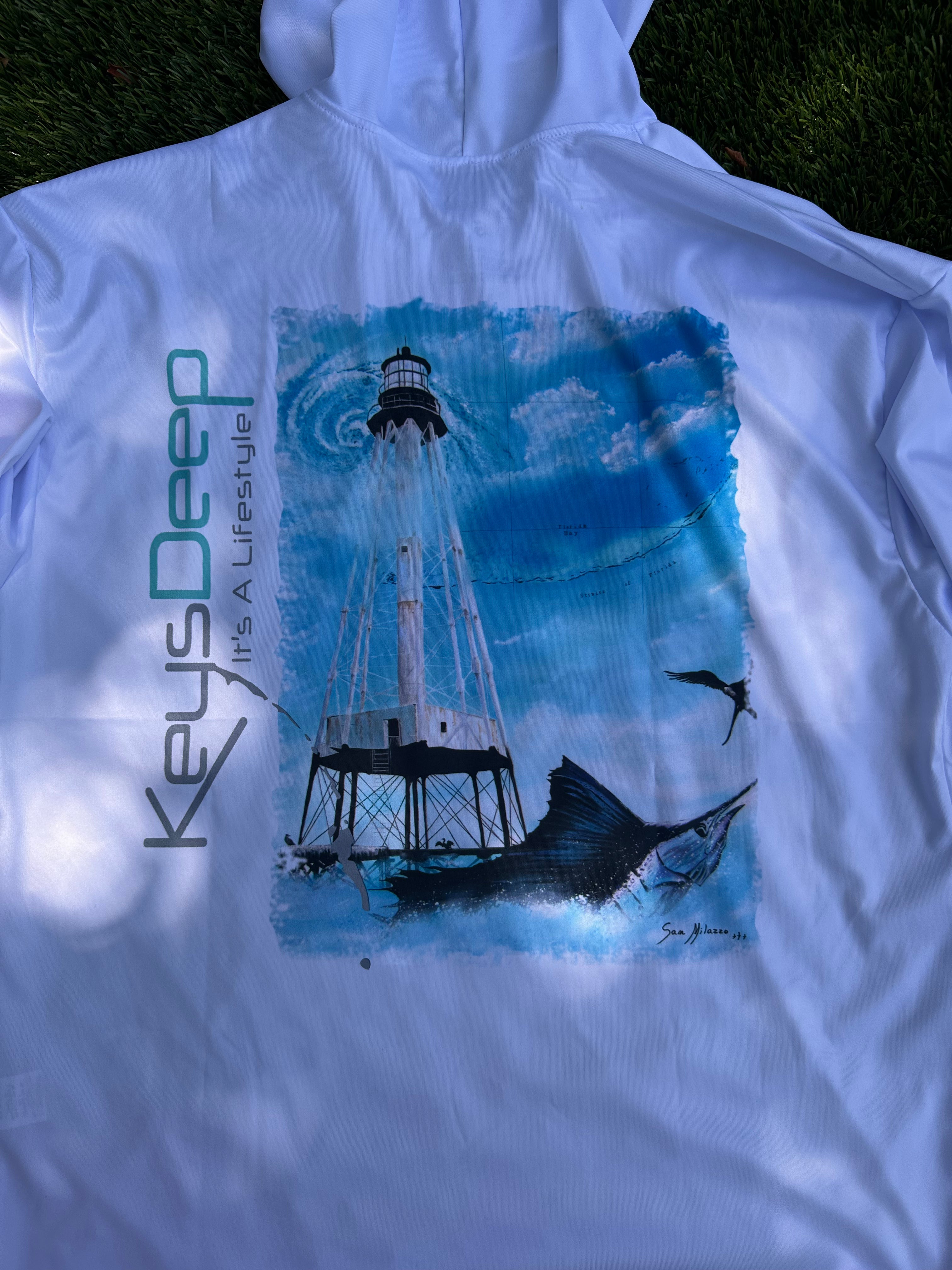 Alligator Lighthouse | White Long Sleeve Hoodie | Sam Milazzo Art Collection | KeysDeeep